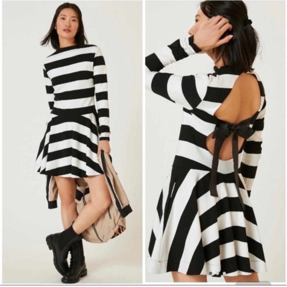 NWT Anthropologie Maeve Knit Mock Neck Striped Open Back Bow Mini Dress XXS